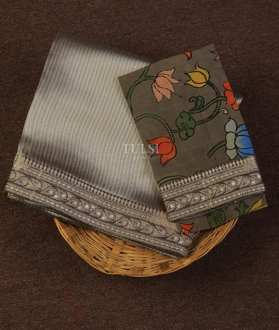 Grey Art Crepe Tissue Silk Saree with Kalamkari Blouse T719217-image