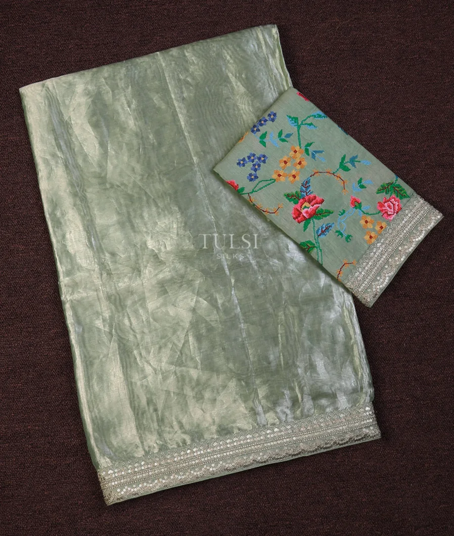 Light Green Kora Tissue Organza Embroidery Saree T655298-image