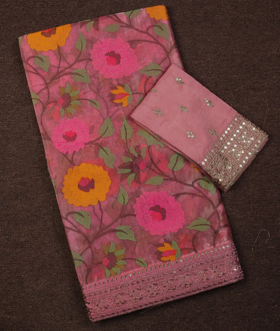 Pink Kora Tissue Organza Embroidery Saree T711040-image