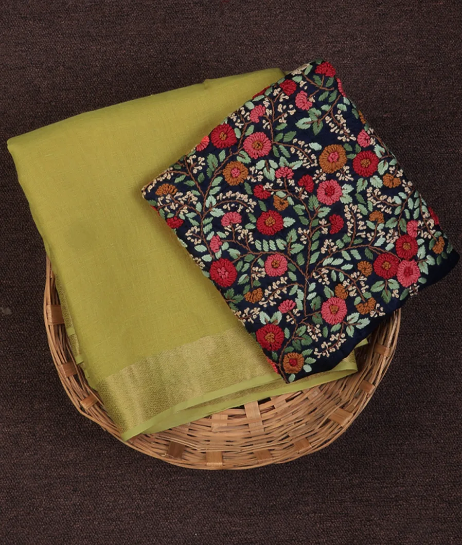 Greenish Yellow Handwoven Linen Saree T707649-image