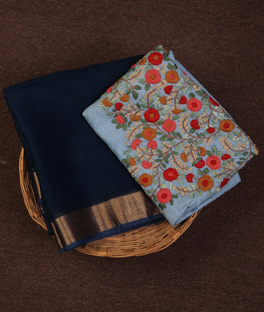 Blue Handwoven Linen Saree T707654-image