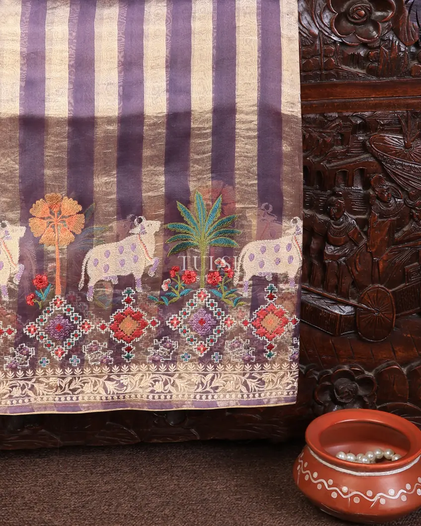 Purple Kora Organza Embroidery Saree T721440-image