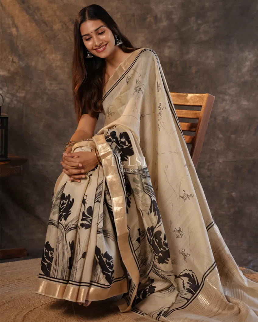 Beige Soft Tussar Printed Saree T705321-image