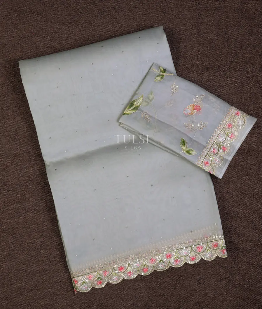 Bluish Grey Kora Organza Embroidery Saree T711038-image