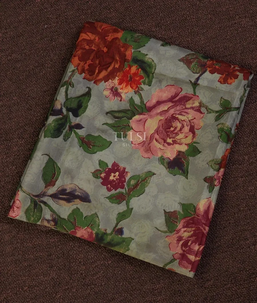 Grey Hand Printed Kanjivaram Silk Blouse T594829-image