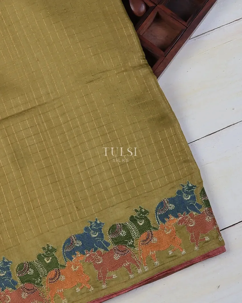 Khaki Beige Tussar Embroidery Saree T717655-1-image