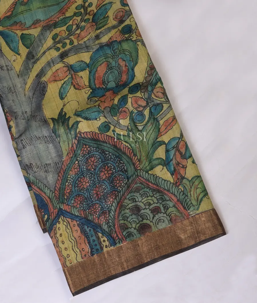 Green Tussar Kalamkari Saree T694783-image