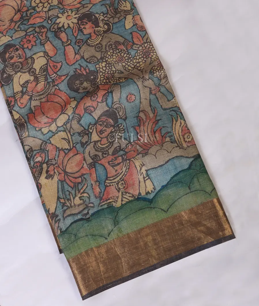 Blue Tussar Kalamkari Saree T694795-image