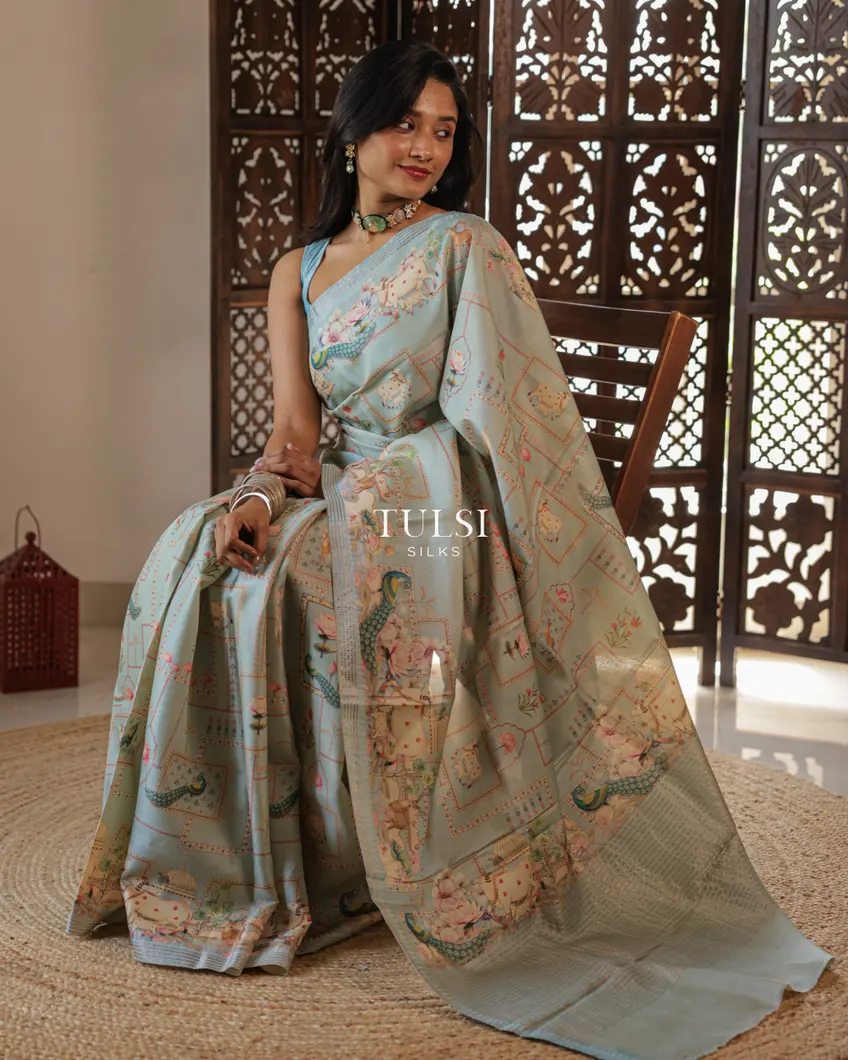 Light Blue Tussar Printed Saree T713728-image