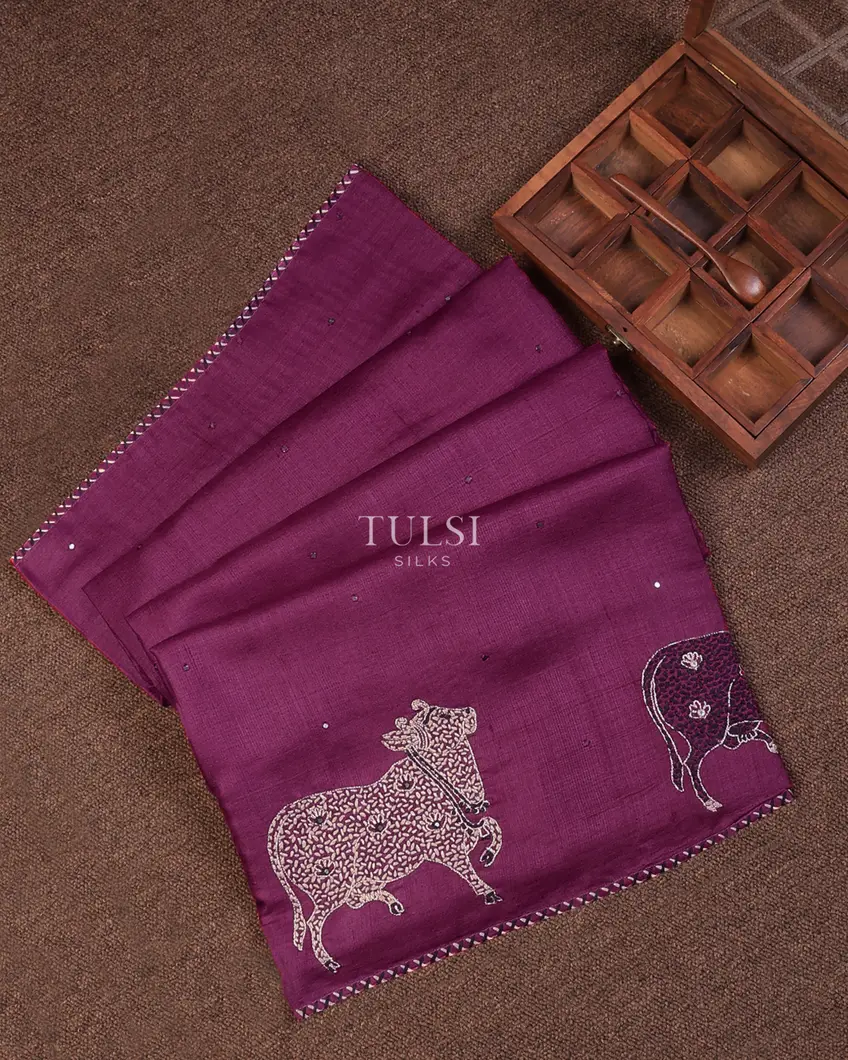 Purple Kantha Tussar Embroidery Saree T706969-image