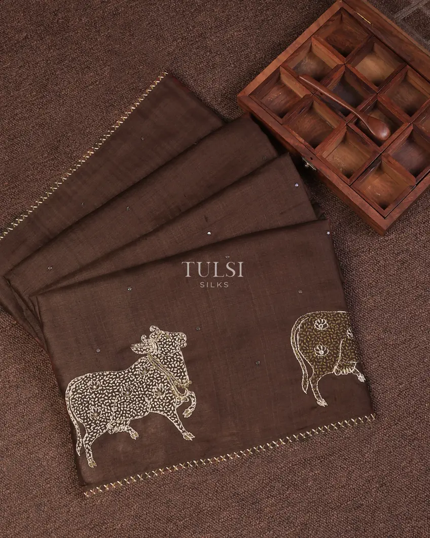 Brown Kantha Tussar Embroidery Saree T723139-image