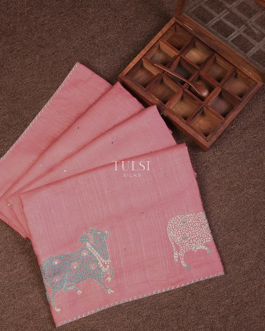 Pink Kantha Tussar Embroidery Saree T690130-image