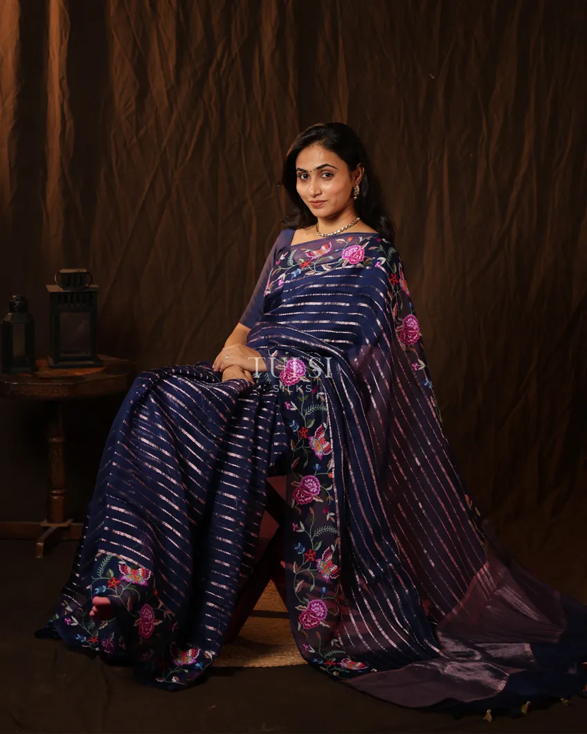 Blue Kora Organza Embroidery Saree T718988-image