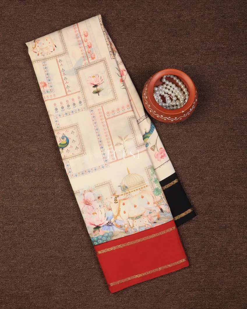 Off-White Printed Soft Silk Saree T727071-image