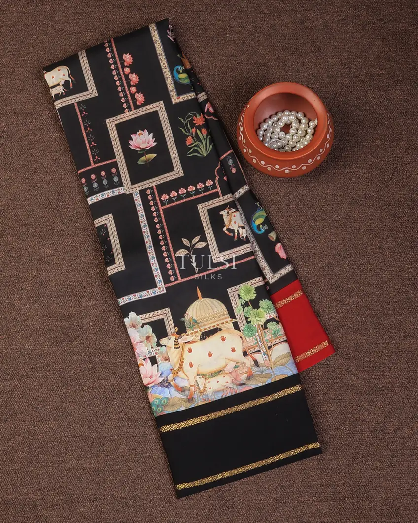 Black Printed Soft Silk Saree T727076-image