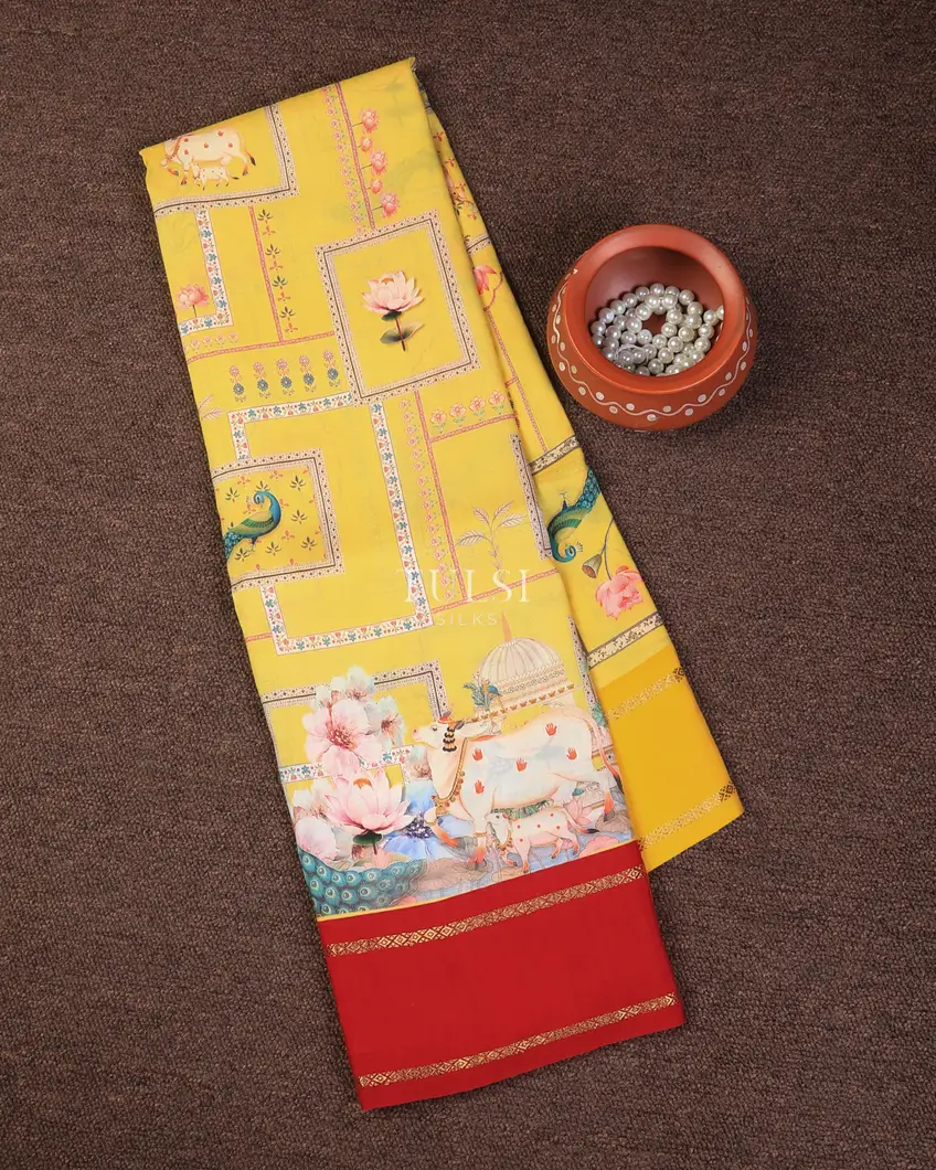 Yellow Printed Soft Silk Saree T727077-image