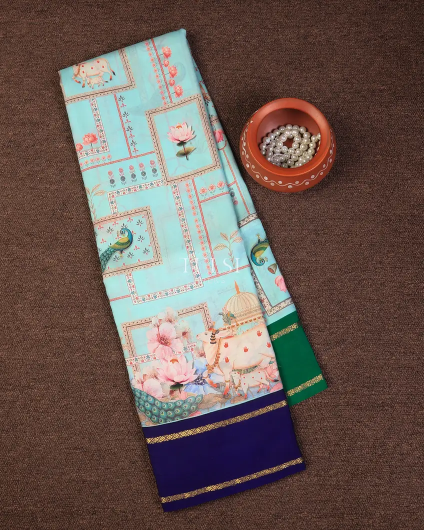 Blue Printed Soft Silk Saree T727069-image
