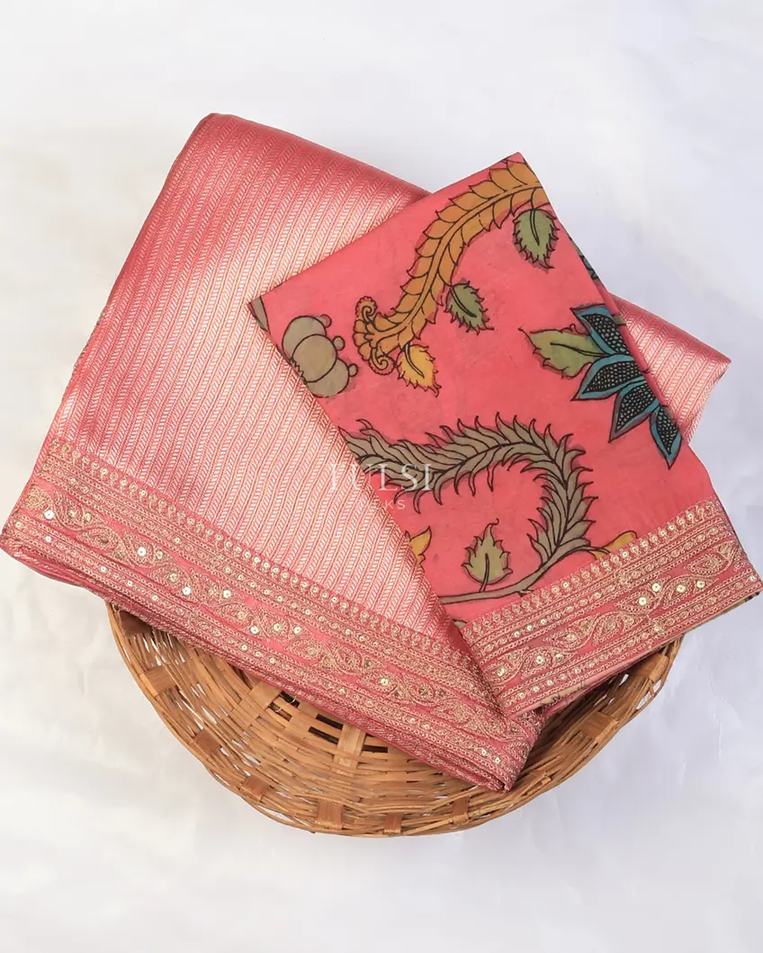 Pink Art Crepe Tissue Silk Saree with Kalamkari Blouse T730084-image