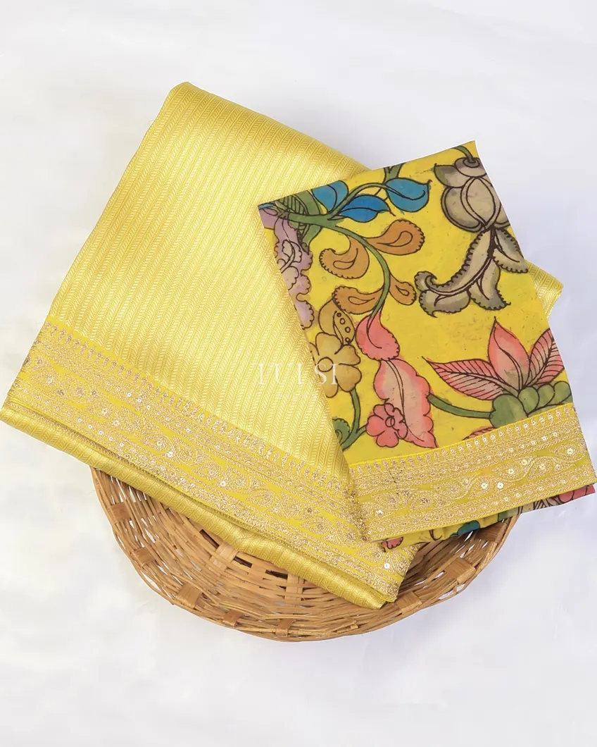 Yellow Art Crepe Tissue Silk Saree with Kalamkari Blouse T729817-image