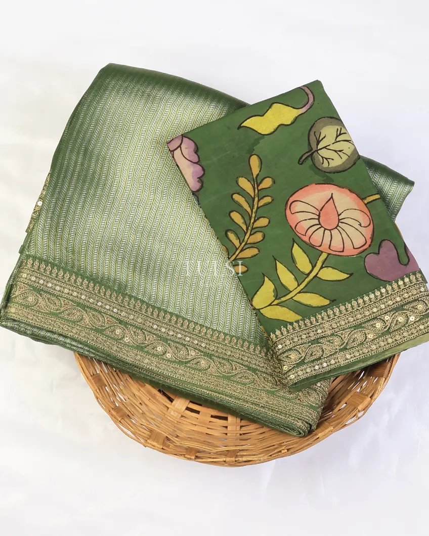 Green Art Crepe Tissue Silk Saree with Kalamkari Blouse T730086-image