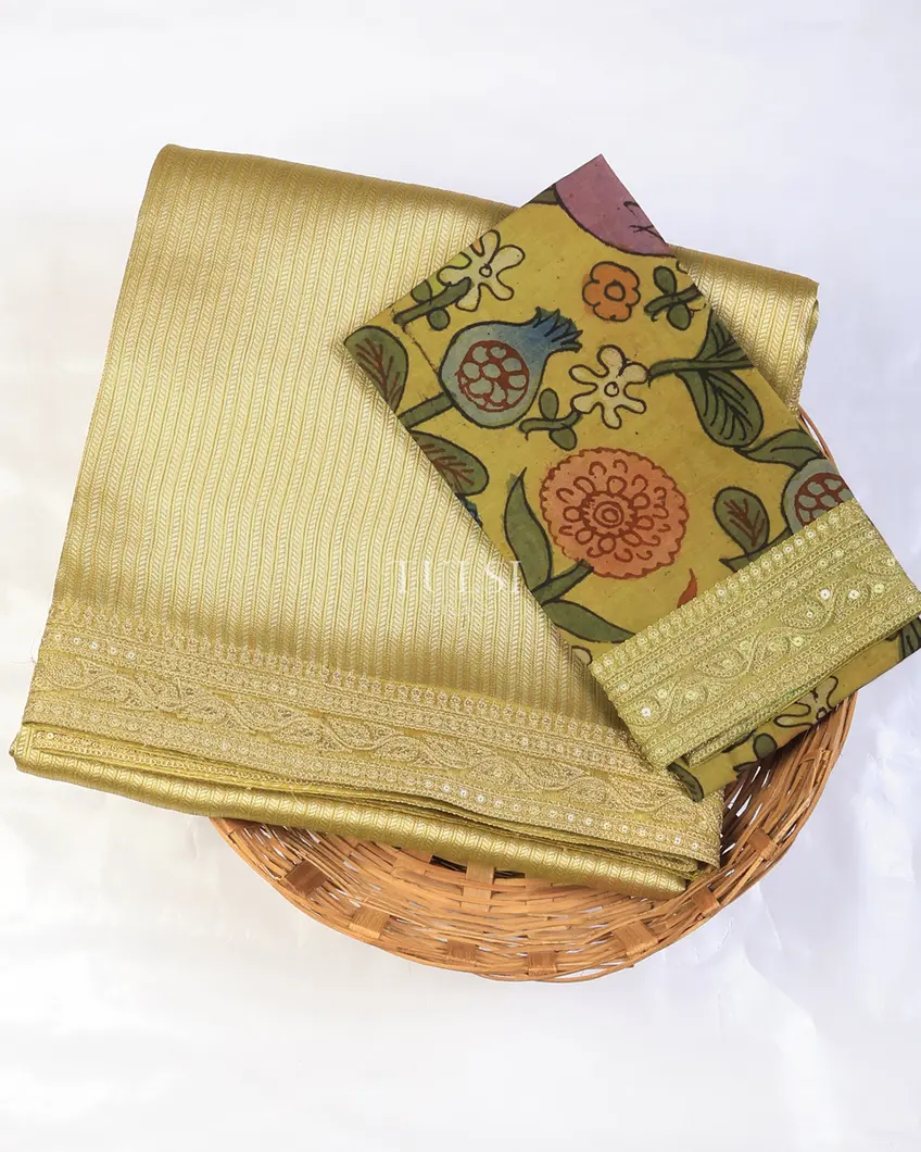 Light Green Art Crepe Tissue Silk Saree with Kalamkari Blouse T729843-image