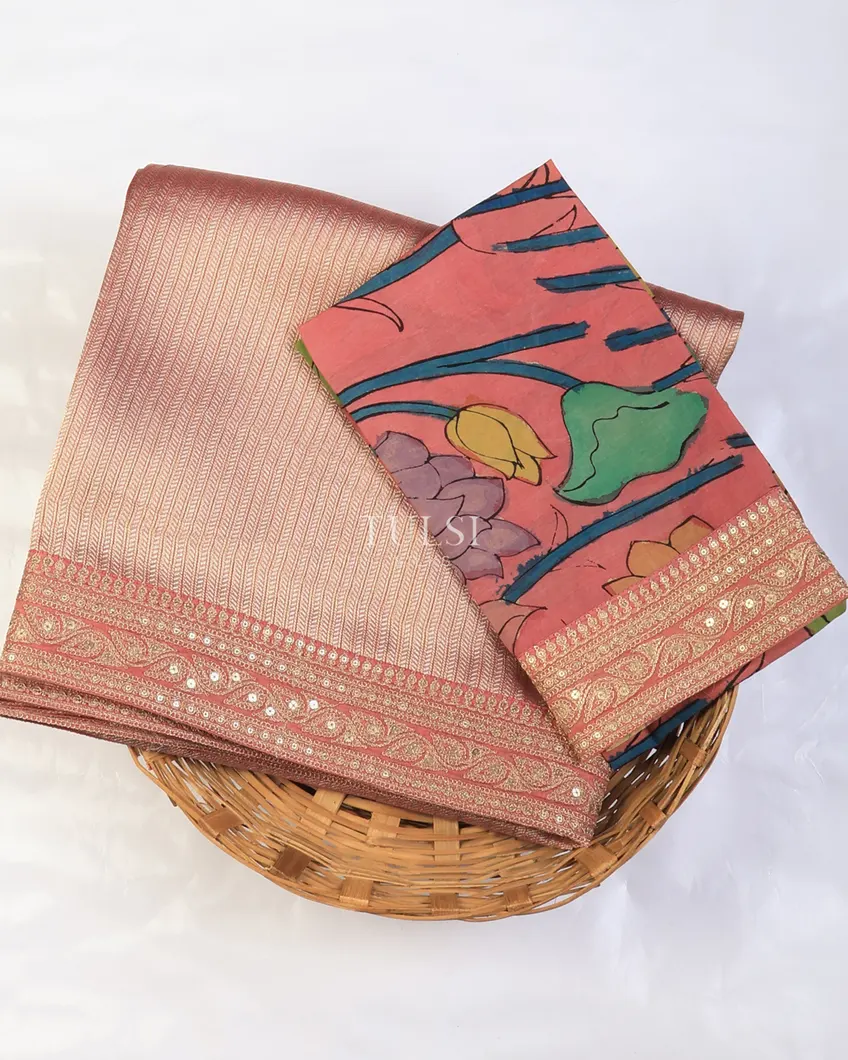 Pink Art Crepe Tissue Silk Saree with Kalamkari Blouse T729841-image