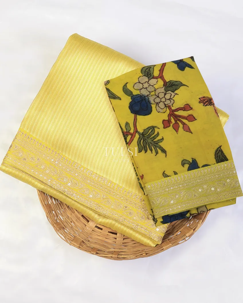 Yellow Art Crepe Tissue Silk Saree with Kalamkari Blouse T729813-image