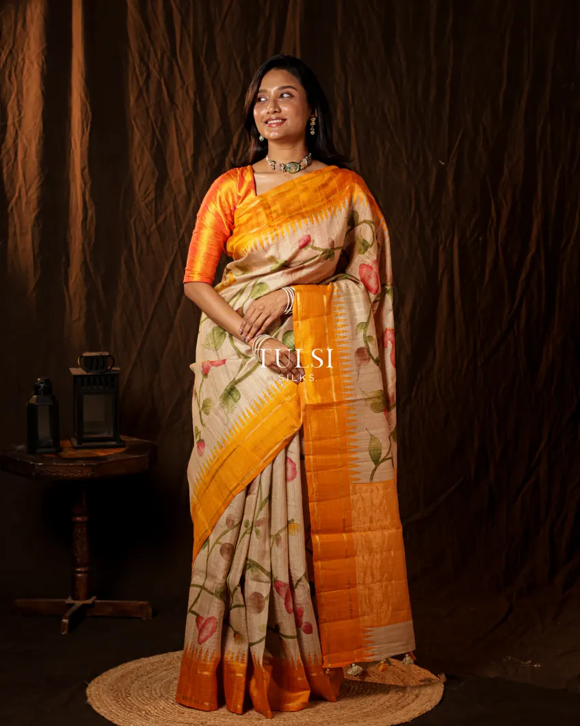 Beige Tussar Printed Saree T697353-image