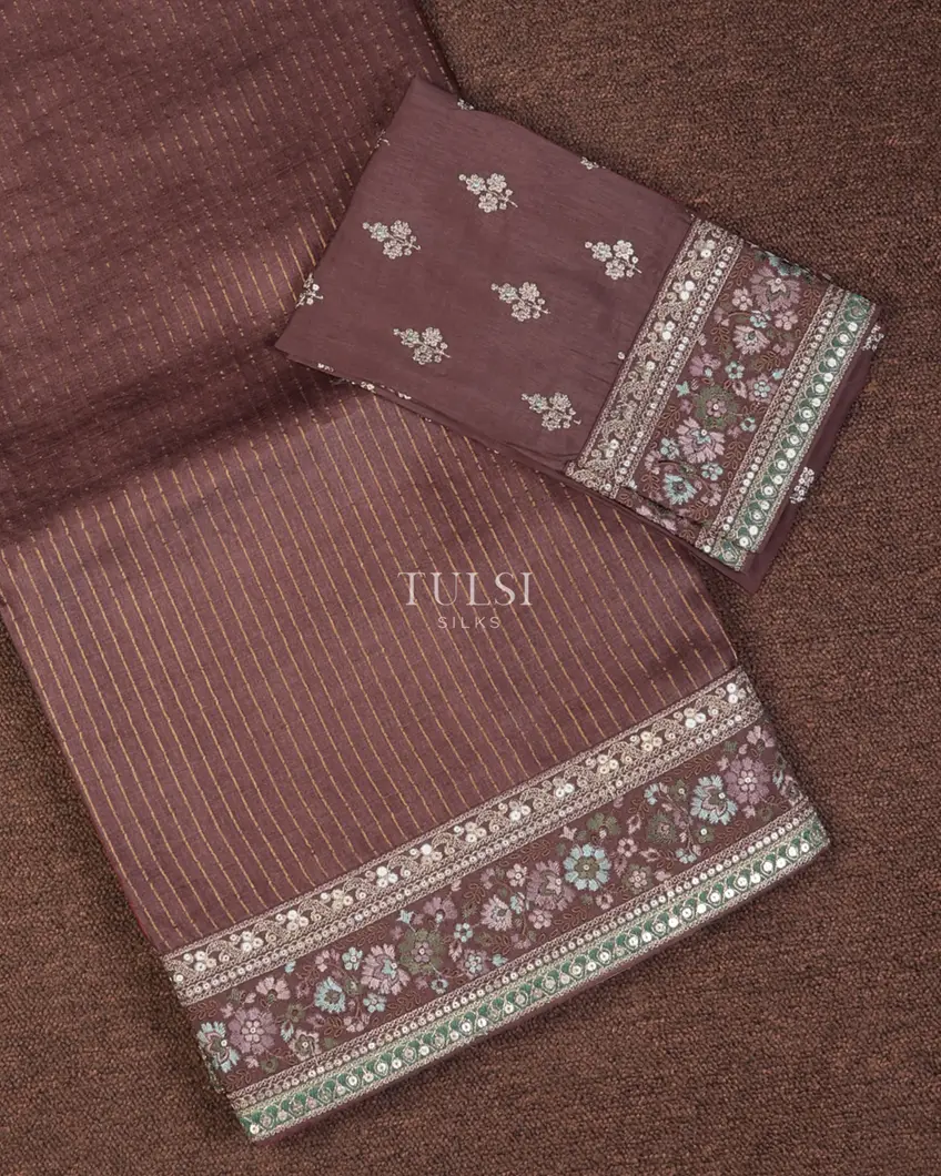 Purplish Brown Tussar Embroidery Saree T731986-image
