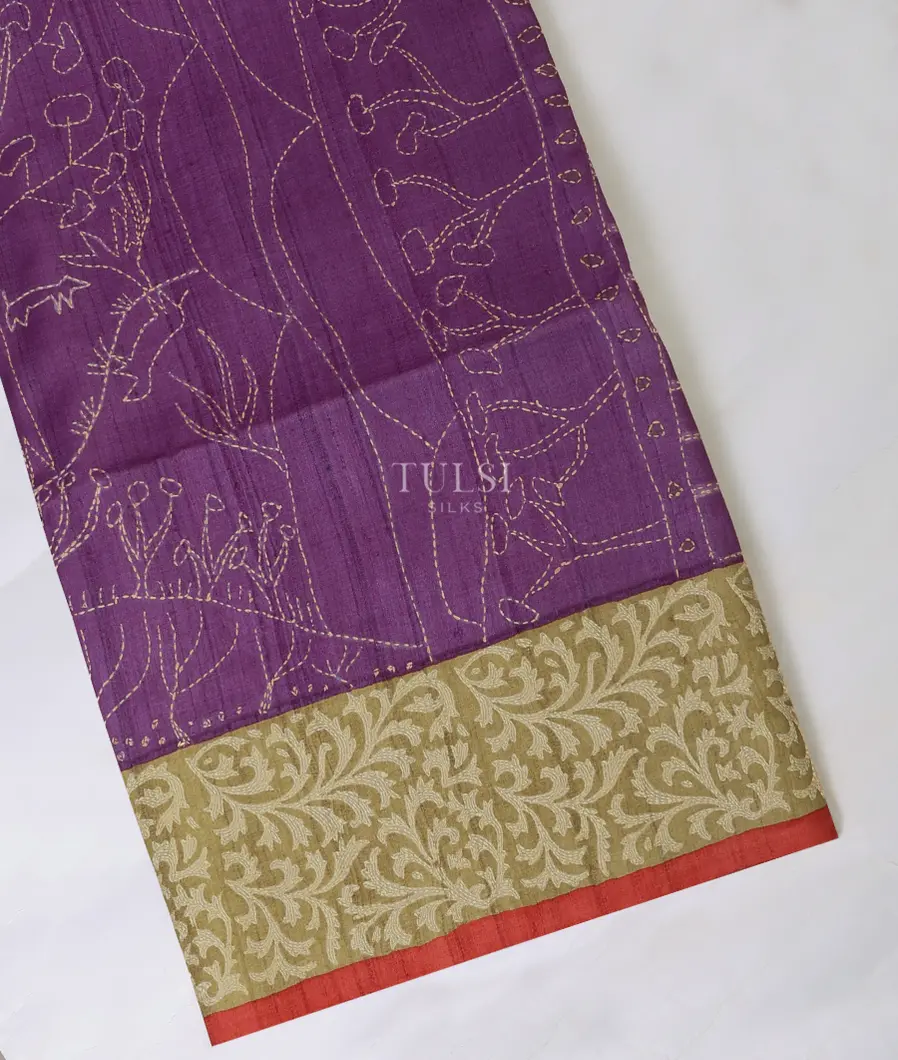 Purple Tussar Kantha Work Saree T626119-image