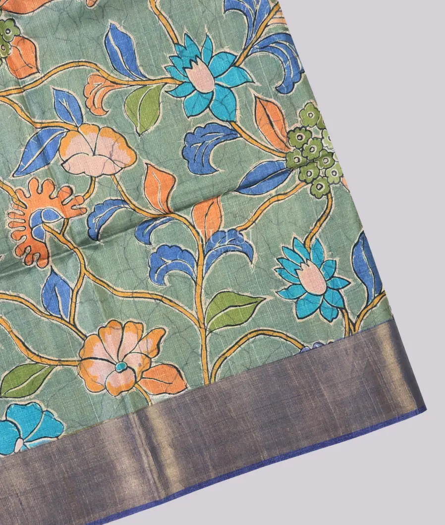 Greenish Grey Tussar Printed Saree T689363-1-image