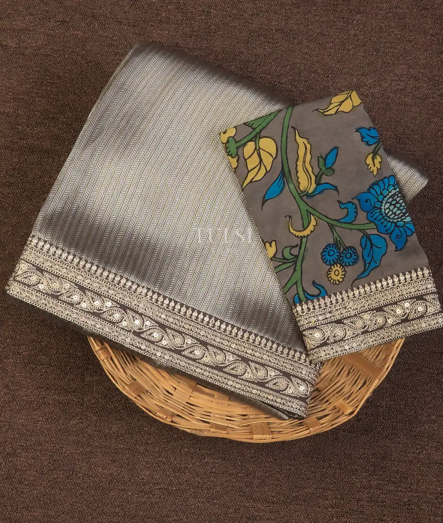 Grey Art Crepe Tissue Silk Saree with Kalamkari Blouse T732612-image