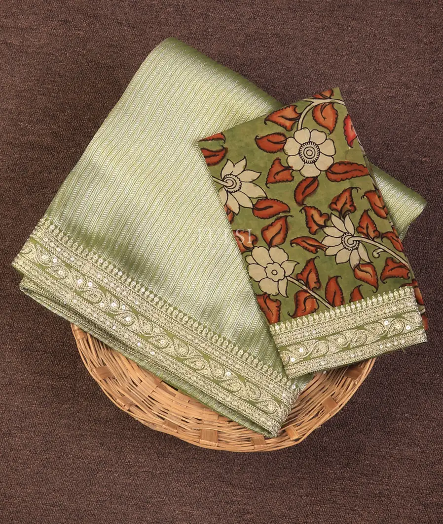 Green Art Crepe Tissue Silk Saree with Kalamkari Blouse T732606-image