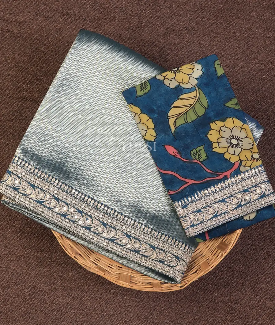 Blue Art Crepe Tissue Silk Saree with Kalamkari Blouse T732603-image