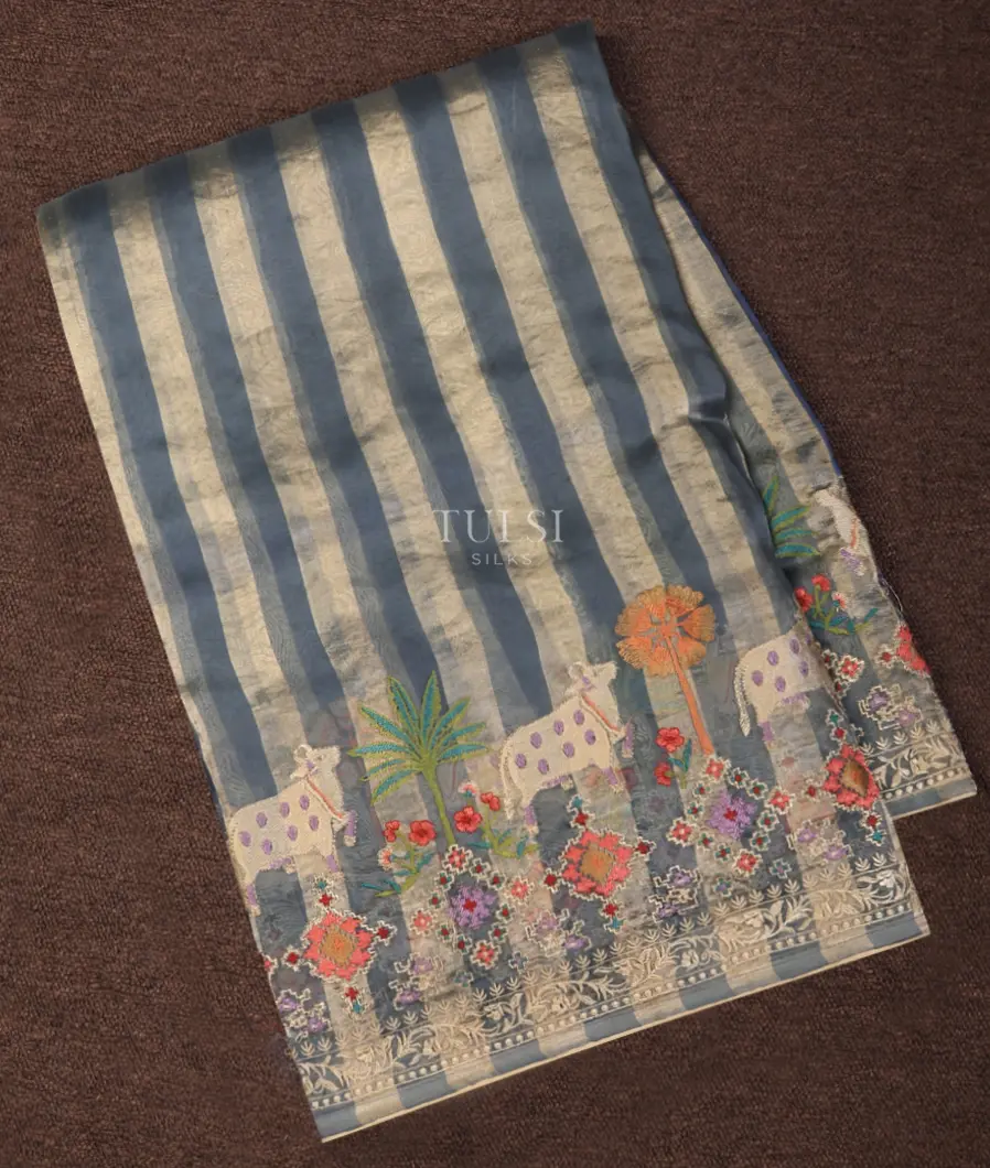 Blue Kora Organza Embroidery Saree T732579-image