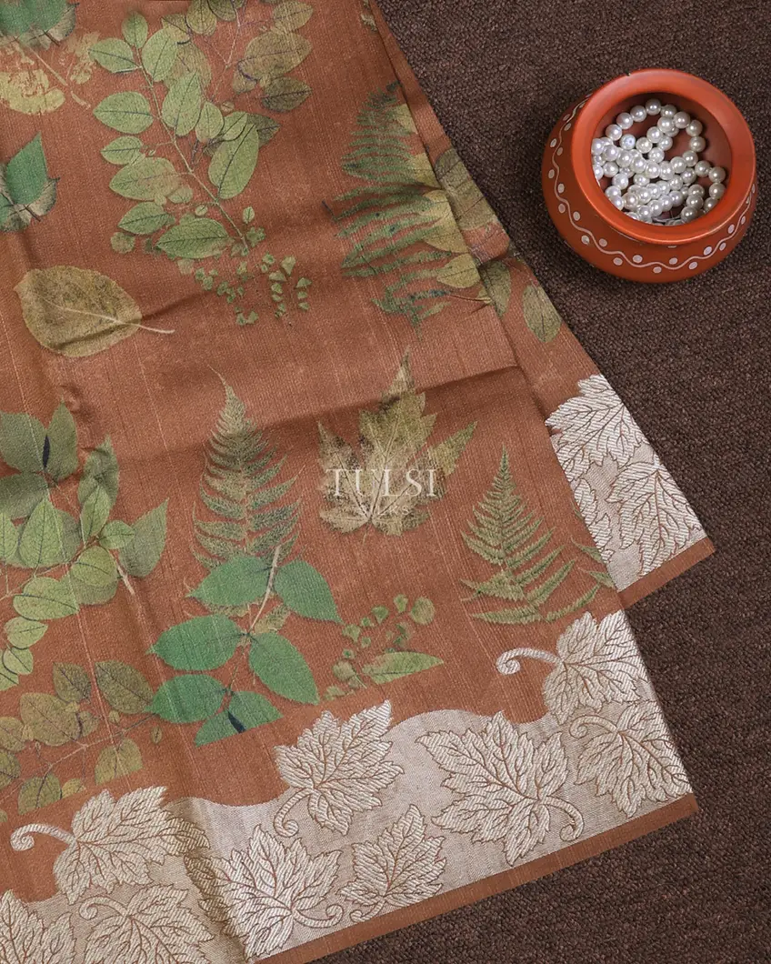 Brown Tussar Printed Saree With Woven Border T733512-image