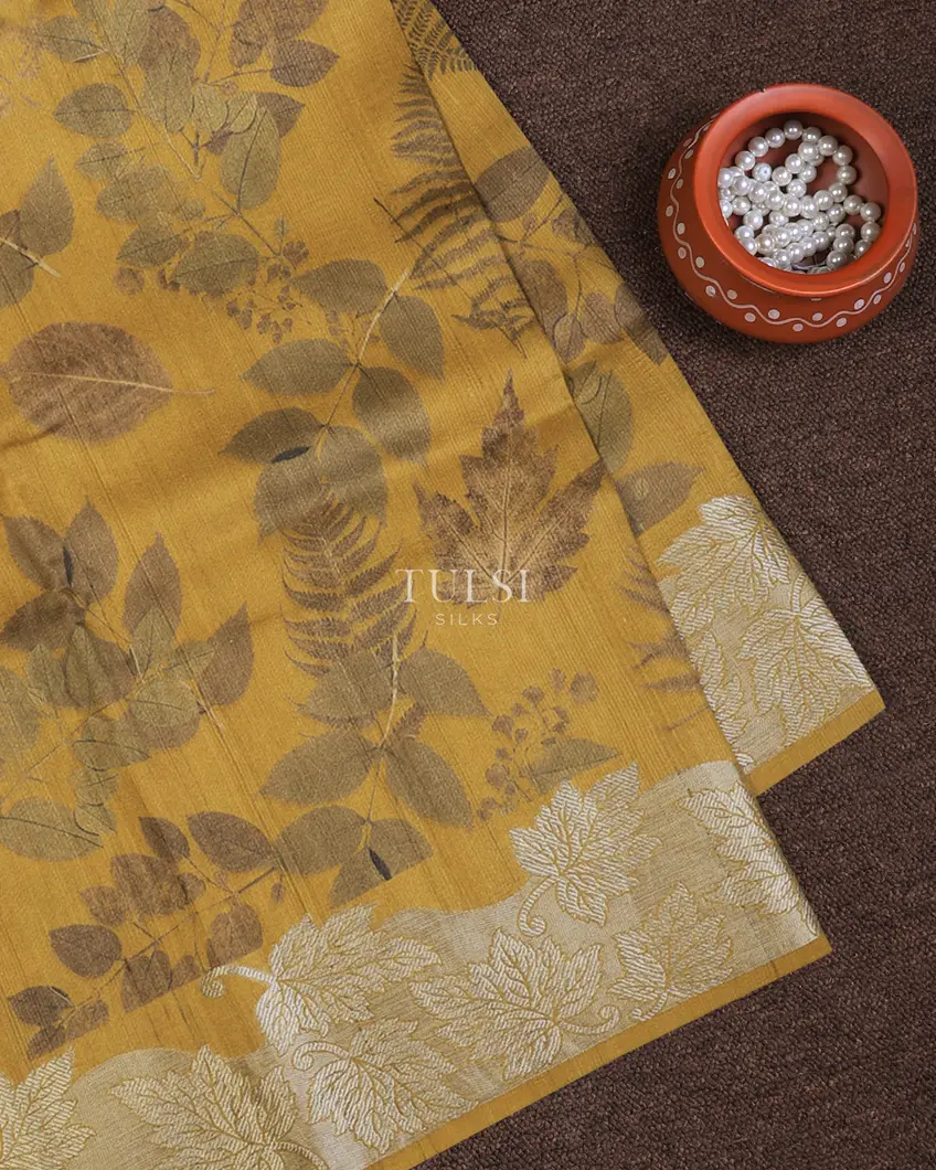 Yellow Tussar Printed Saree With Woven Border T733509-image