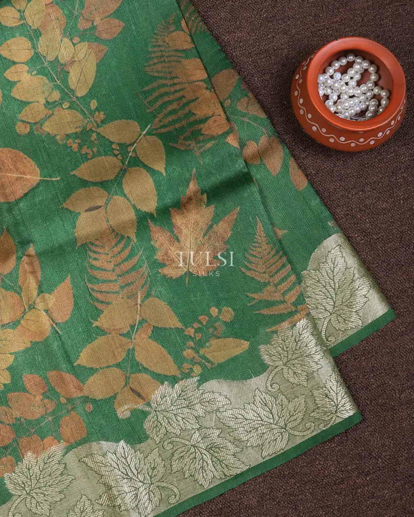 Green Tussar Printed Saree With Woven Border T733510-image