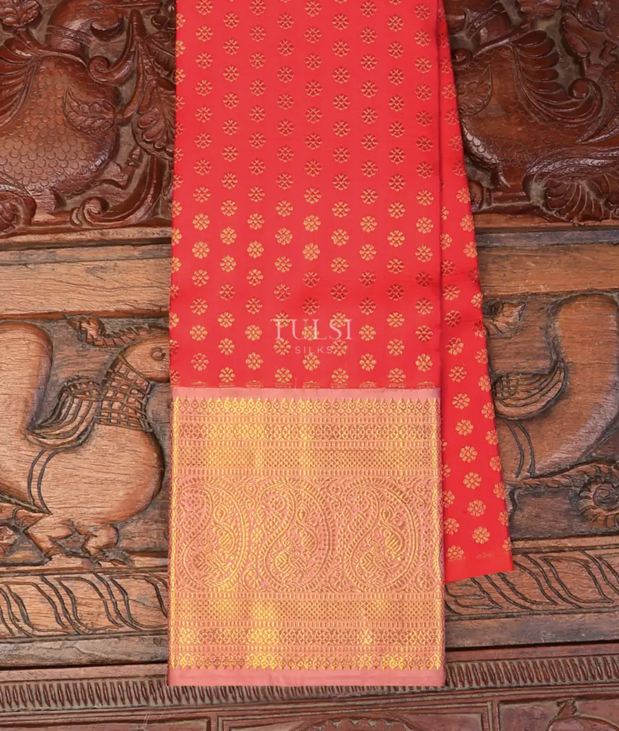 Orangish Pink Kanjivaram Silk Kids Pavadai T714870-image