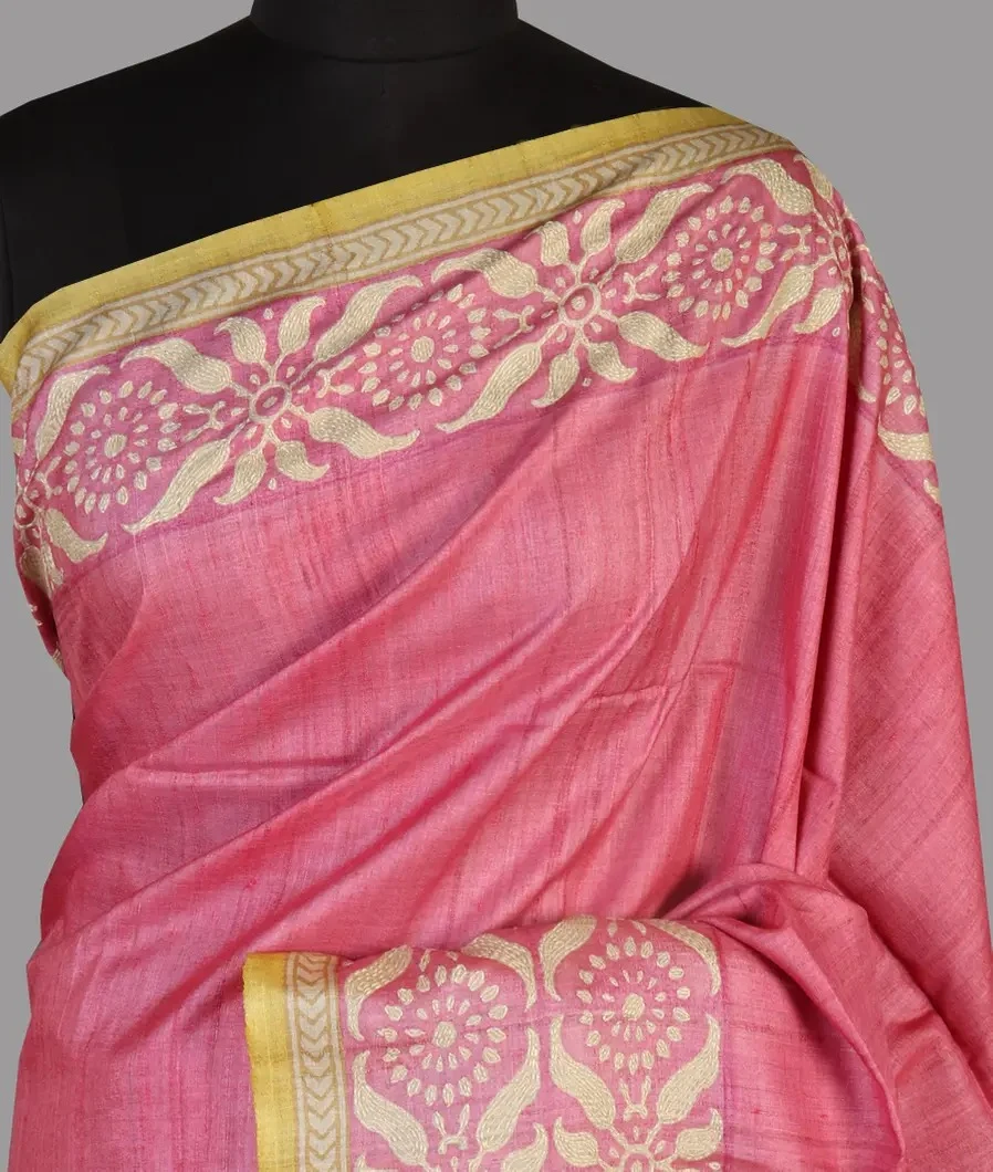 Pink Tussar Kantha Work Saree T735693-image