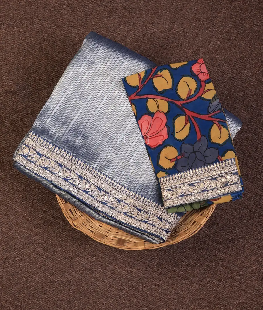 Blue Art Crepe Tissue Silk Saree with Kalamkari Blouse T732609-image