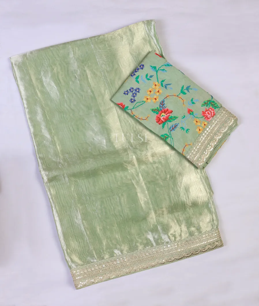 Light Green Kora Tissue Organza Embroidery Saree T655298-1-image
