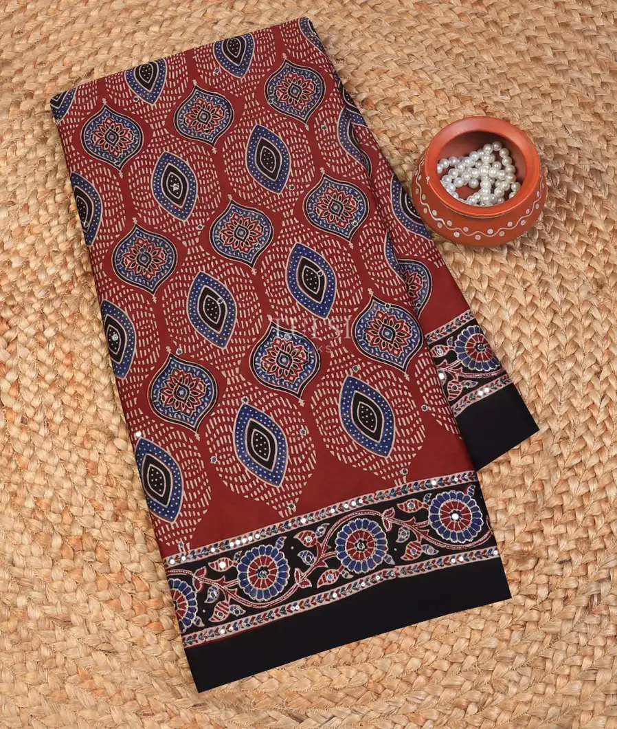 Red Ajrakh Printed Modal Silk Saree T724465-image