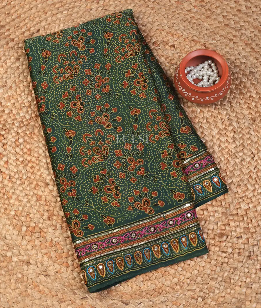 Green Ajrakh Printed Modal Silk Saree T724487-image