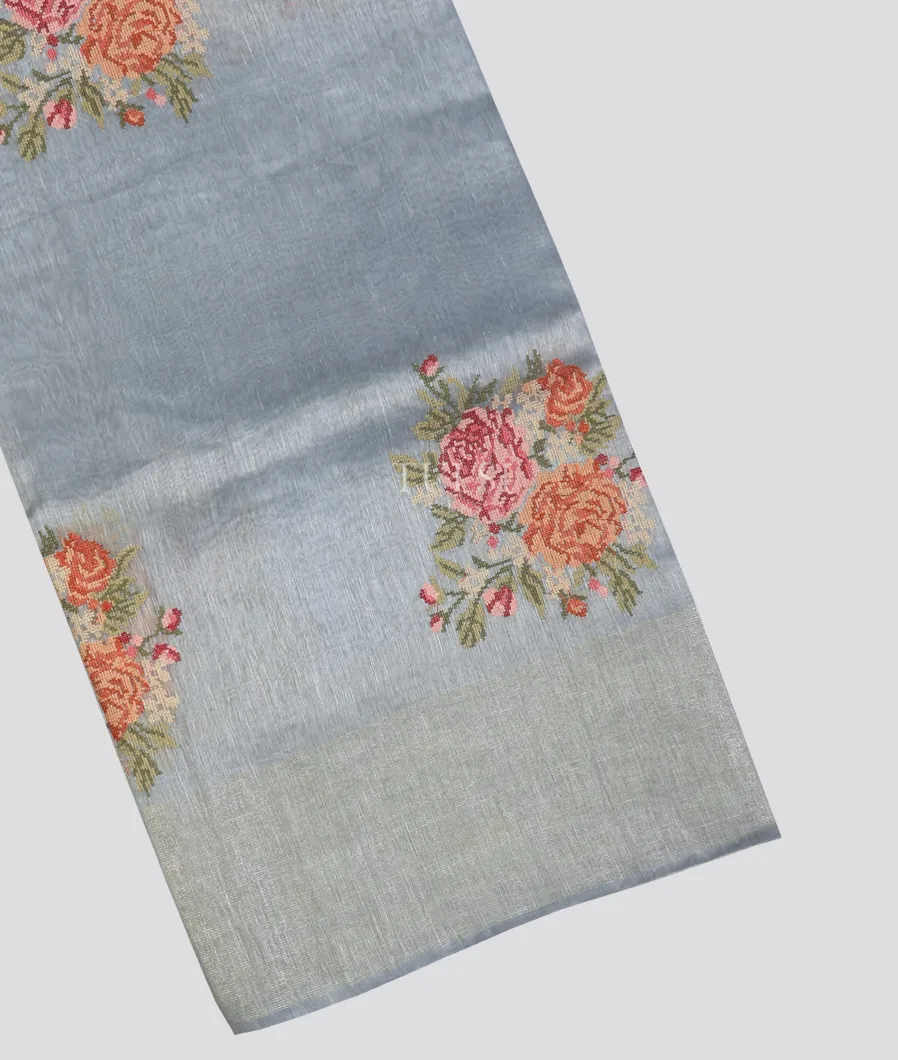 Bluish Grey Linen Embroidery Saree T707103-1-image