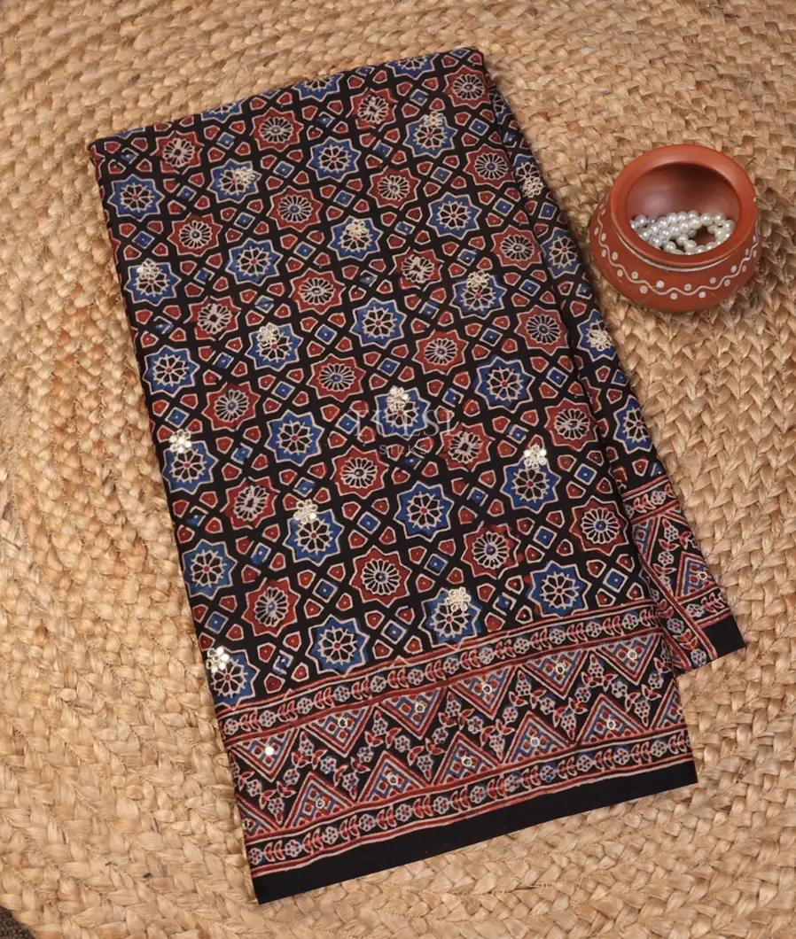 Multicolour Ajrakh Printed Modal Silk Saree T724482-image