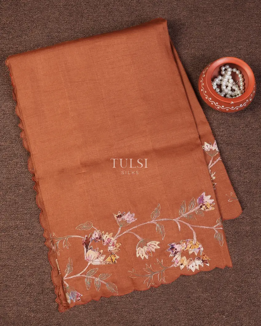 Rust Tussar Embroidery Saree T738872-image