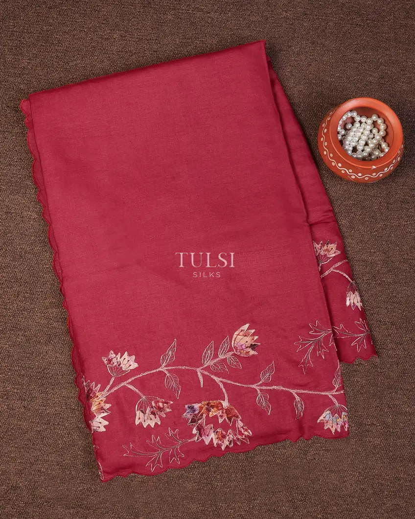 Pinkish Red Tussar Embroidery Saree T738873-image