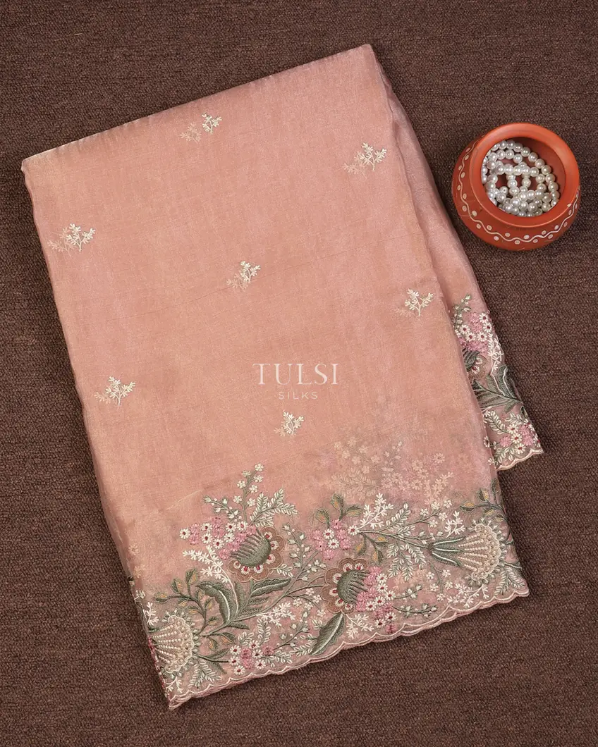 Light Peach Kora Tissue Organza Embroidery Saree T739383-image