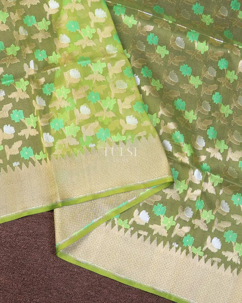 Green Banaras Organza Saree T736423-image